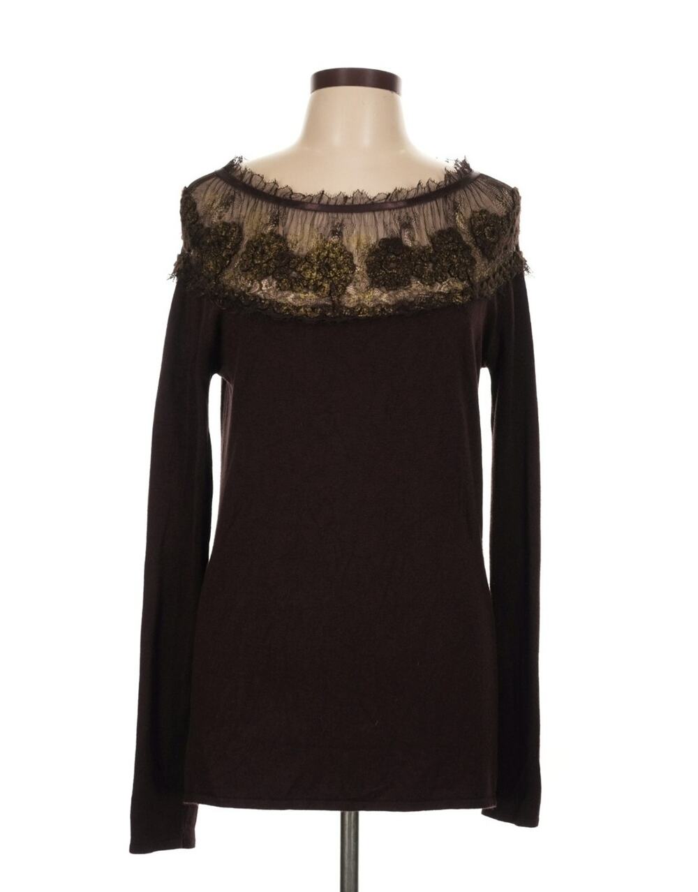 Valentino Roma Brown Knit Top Size S Metallic Gold Lace Off The Shoulder Vintage
